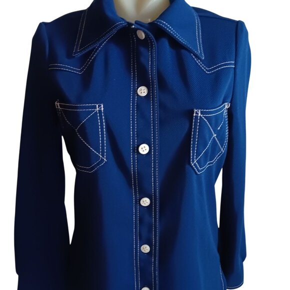 Vtg 70's Women's Top Medium Double Knit LS Button-Up Shirt Contrast Stitching - Picture 1 of 6